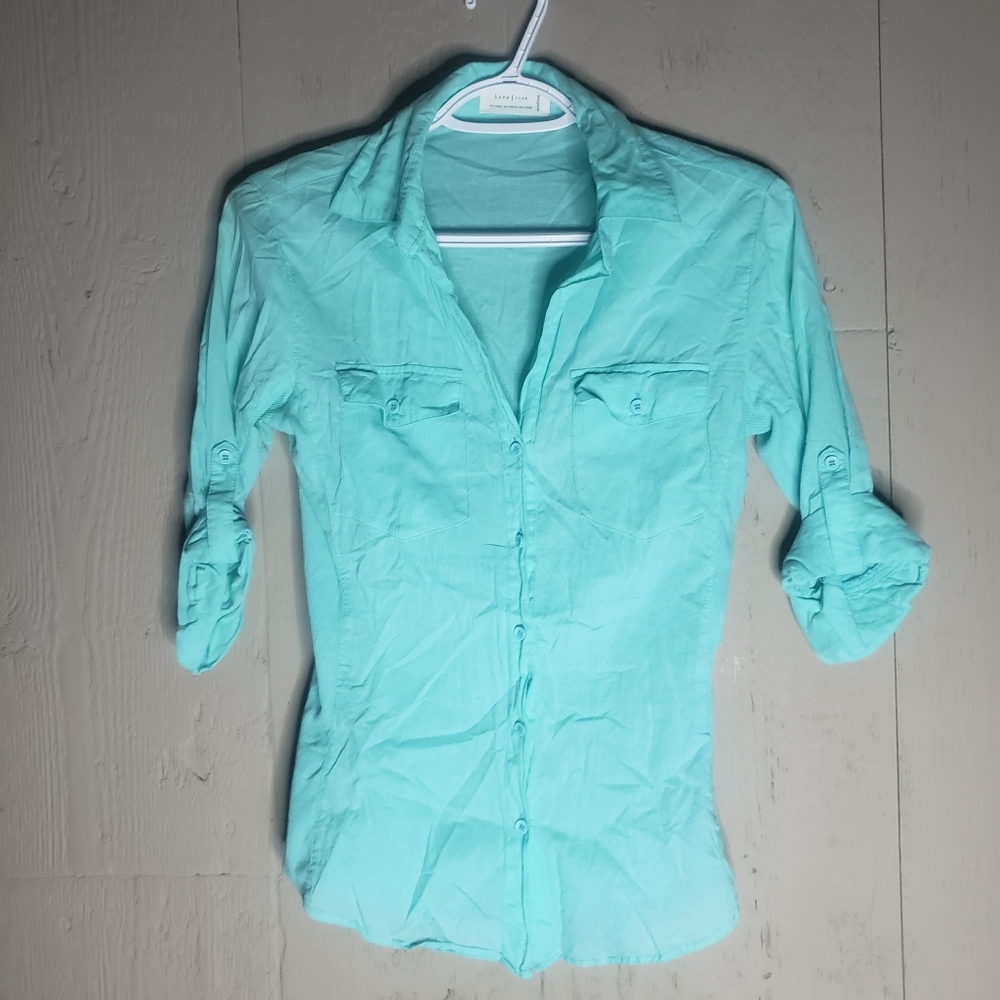 Love Tree Button Up Shirt Teal Collar Blouse Size Medium